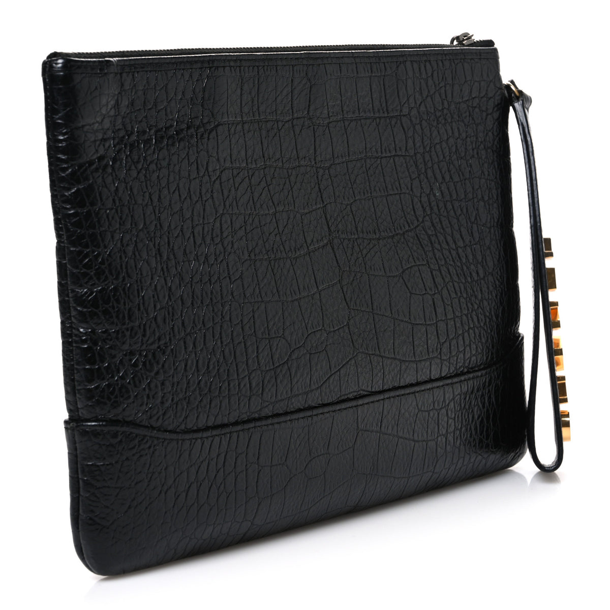 Chanel Calfskin Crocodile Embossed Quilted Medium Gabrielle Cosmetic Case Black 3 of 7