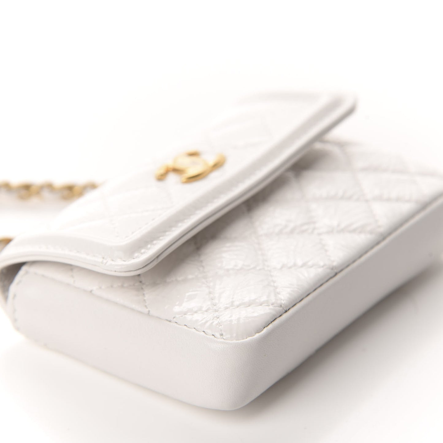 Shiny Aged Calfskin Quilted Waist Belt Bag White