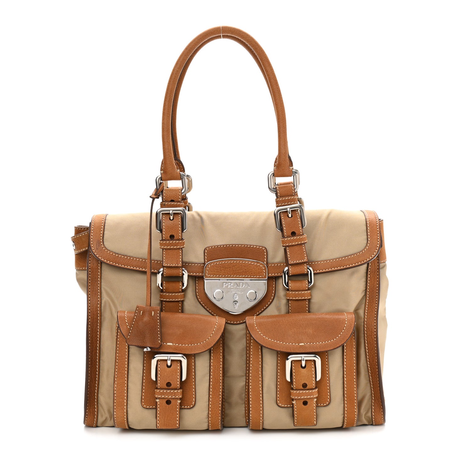 Tessuto Nylon Foldover Pushlock Flap Satchel Cammello