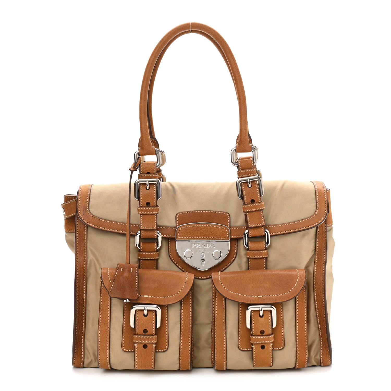 Prada Tessuto Nylon Foldover Pushlock Flap Satchel Cammello 1 of 10