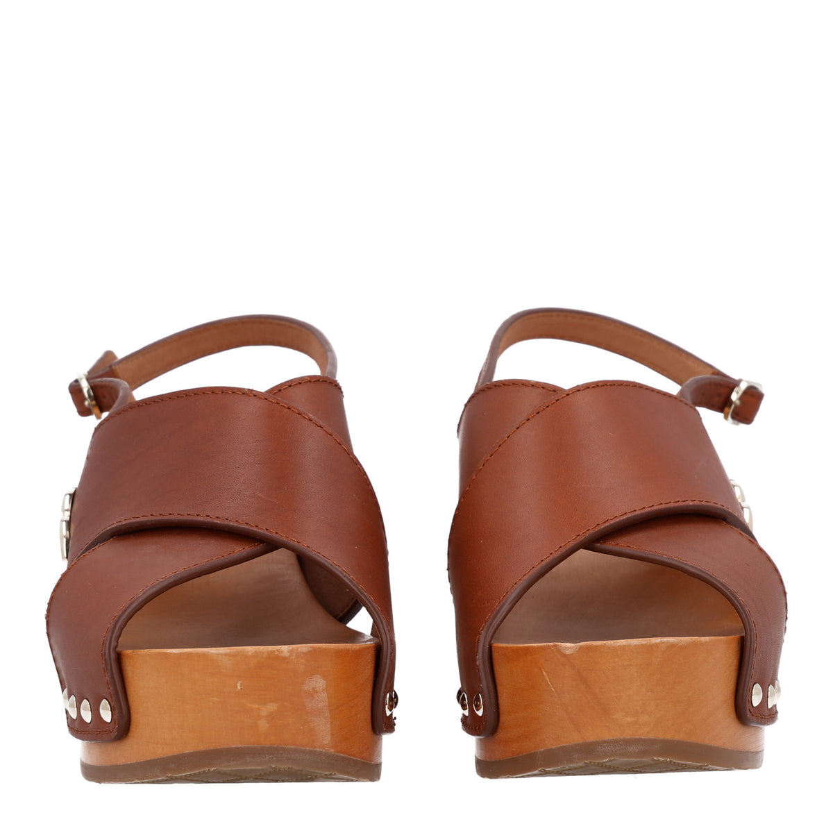 Calfskin Studded Slingback Clog Sandals 38 Dark Brown