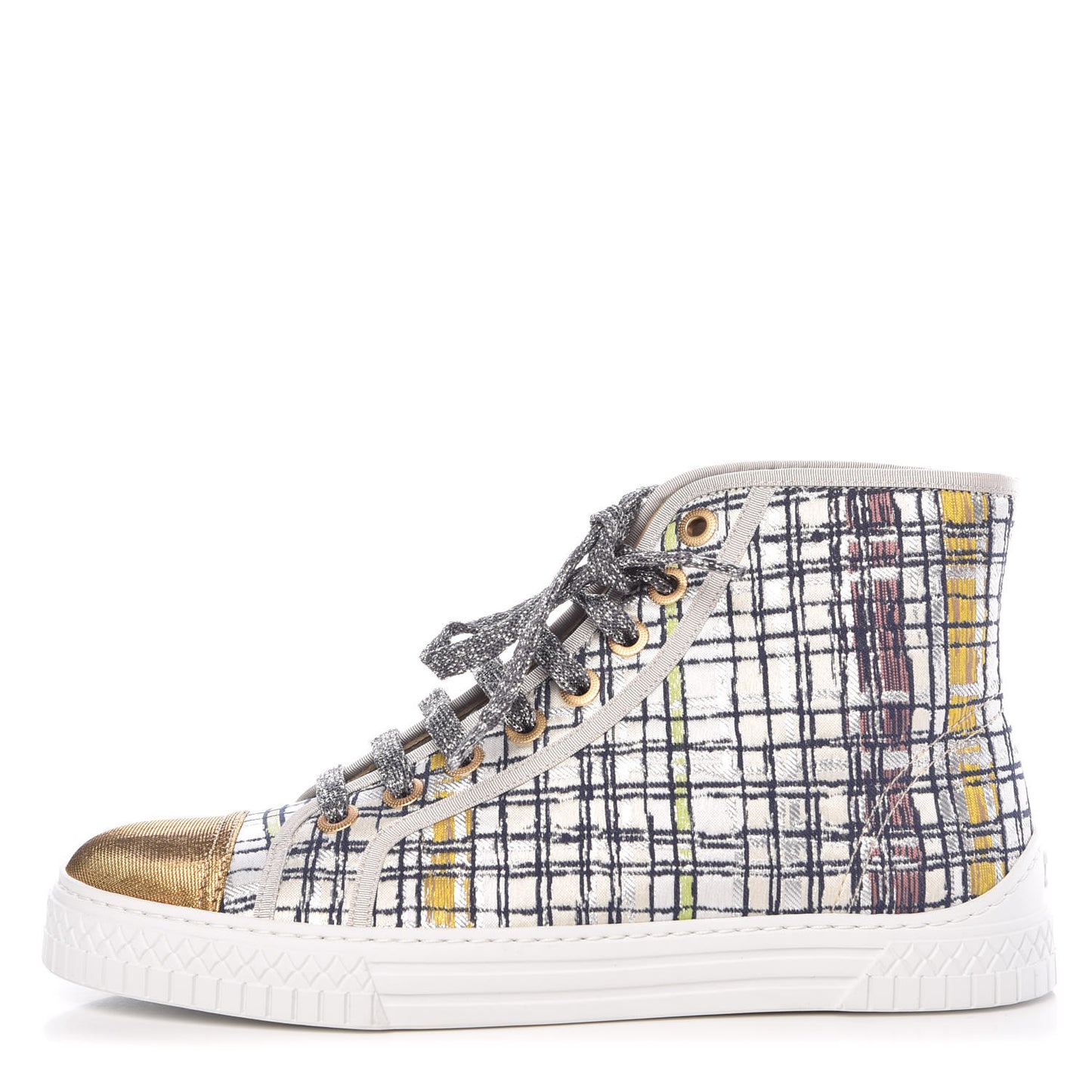 Metallic Tweed High Top Sneakers 38.5 Ecru Black Yellow Gold