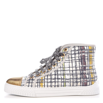 Chanel Metallic Tweed High Top Sneakers 38.5 Ecru Black Yellow Gold 1 of 11