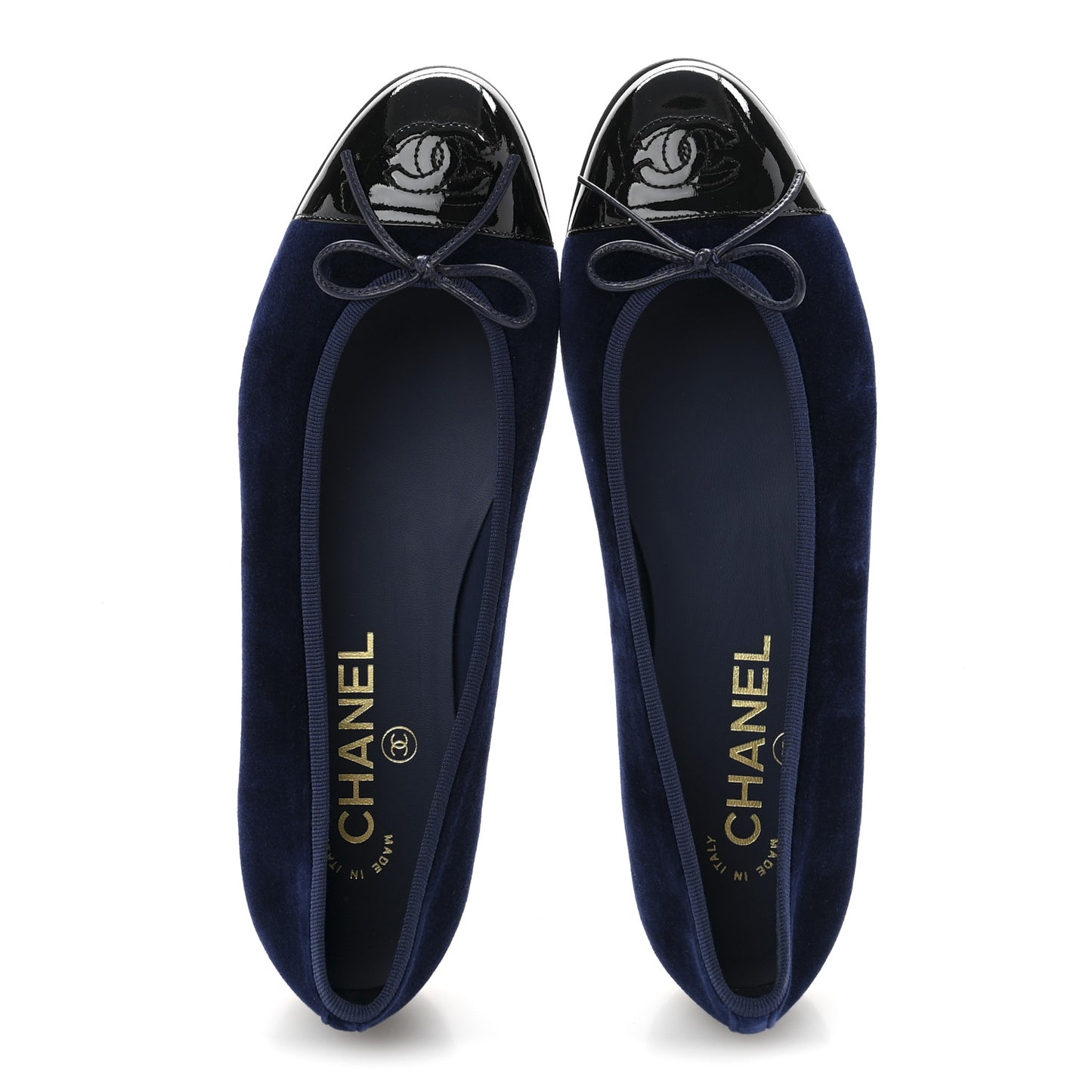 Velvet Patent Calfskin Cap Toe Ballerina Flats 37.5 Navy Black