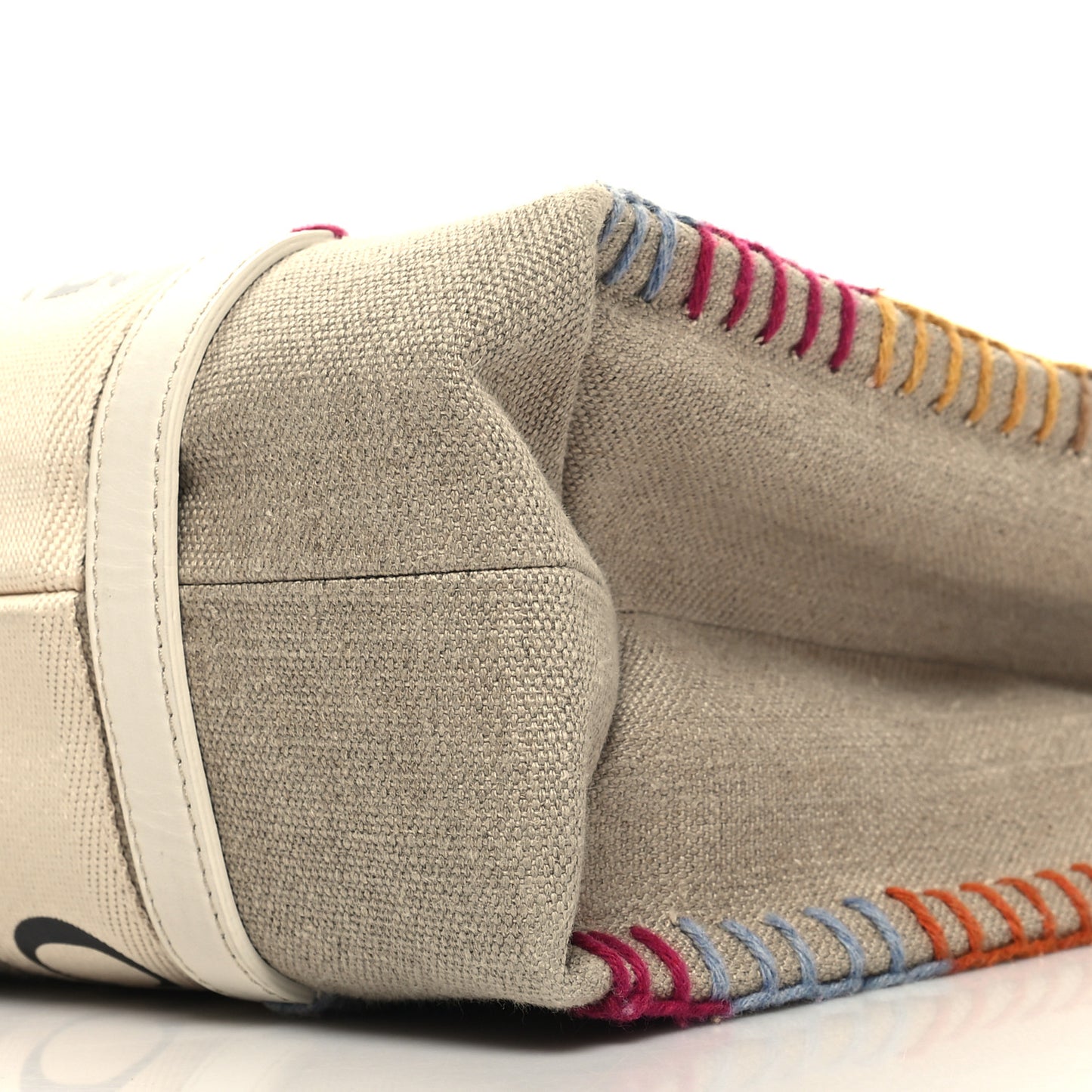 Linen Canvas Calfskin Blanket Stitched Medium Woody Ribbon Tote White Multicolor