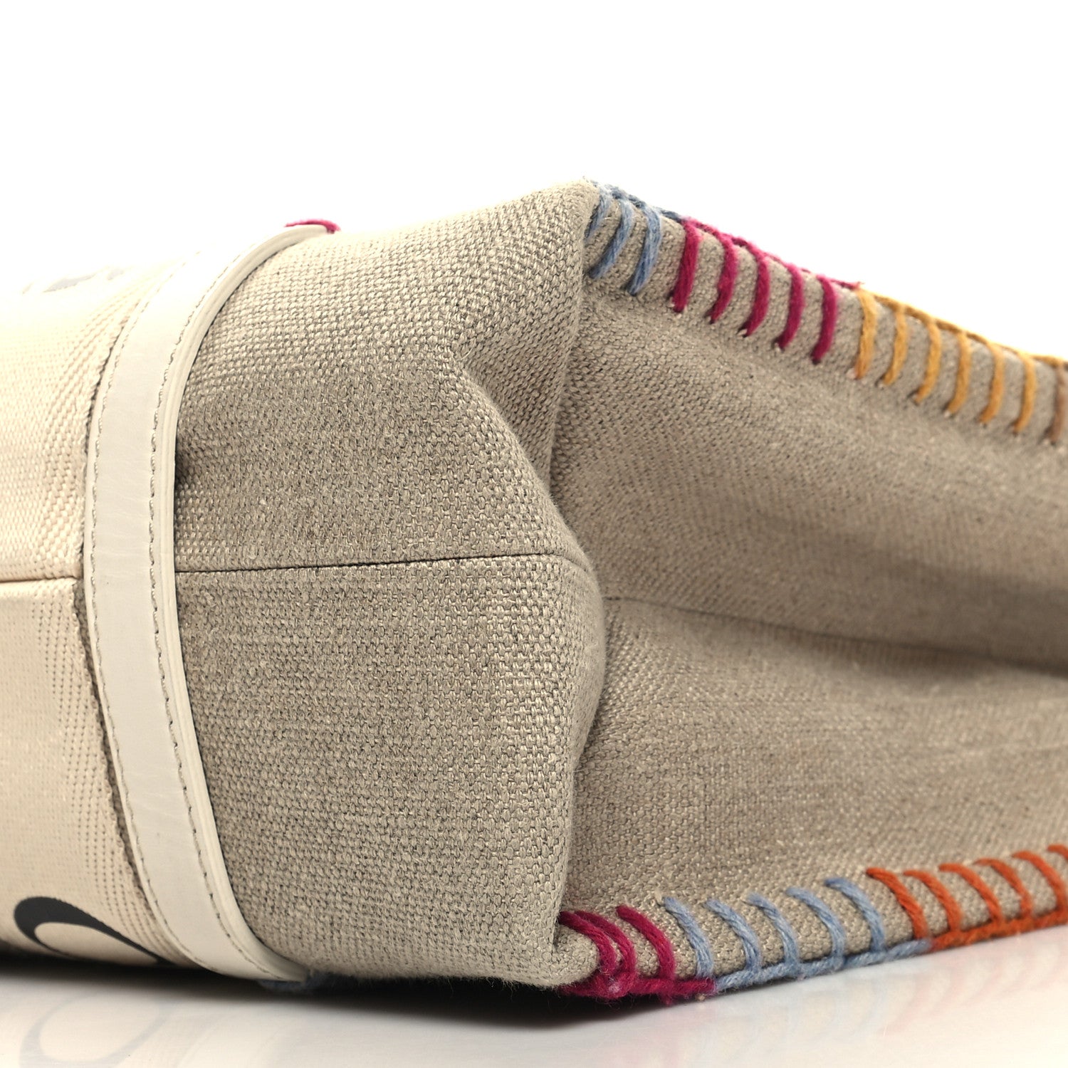 Chloe Linen Canvas Calfskin Blanket Stitched Medium Woody Ribbon Tote White Multicolor 10 of 10