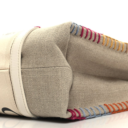 Chloe Linen Canvas Calfskin Blanket Stitched Medium Woody Ribbon Tote White Multicolor 10 of 10