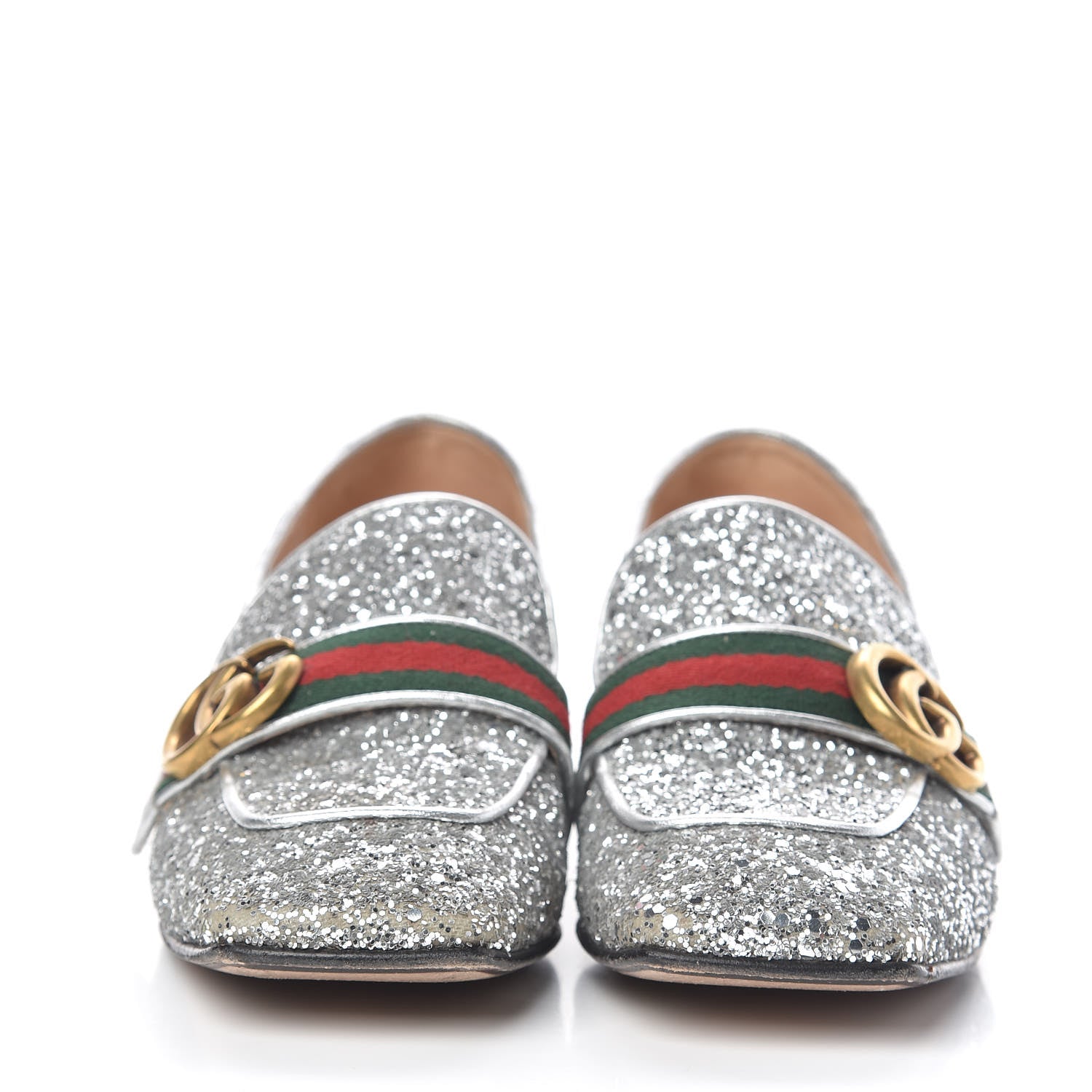 Gucci Glitter Web Peyton Loafers 38 Silver 2 of 11