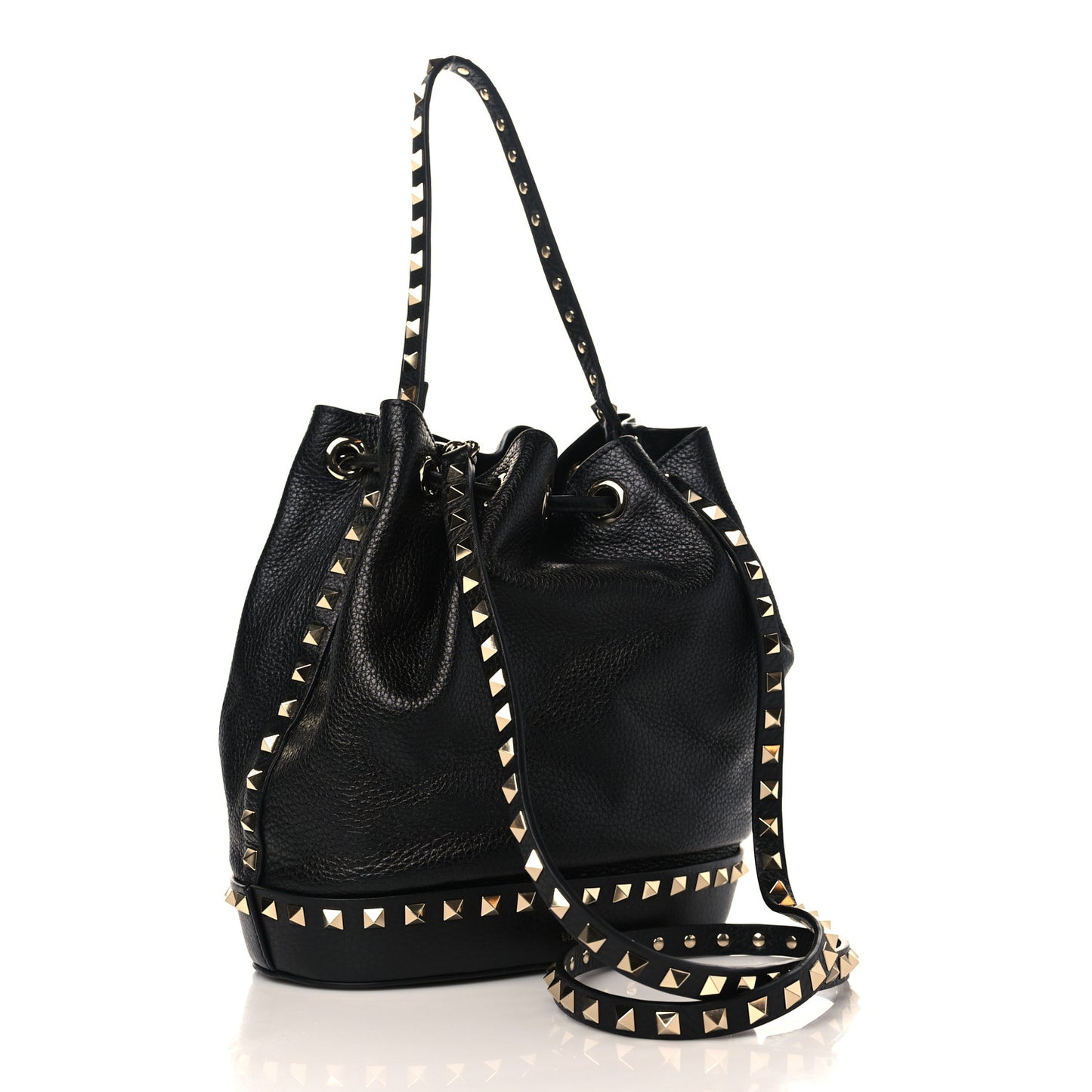 Pebbled Calfskin Rockstud Bucket Bag Black