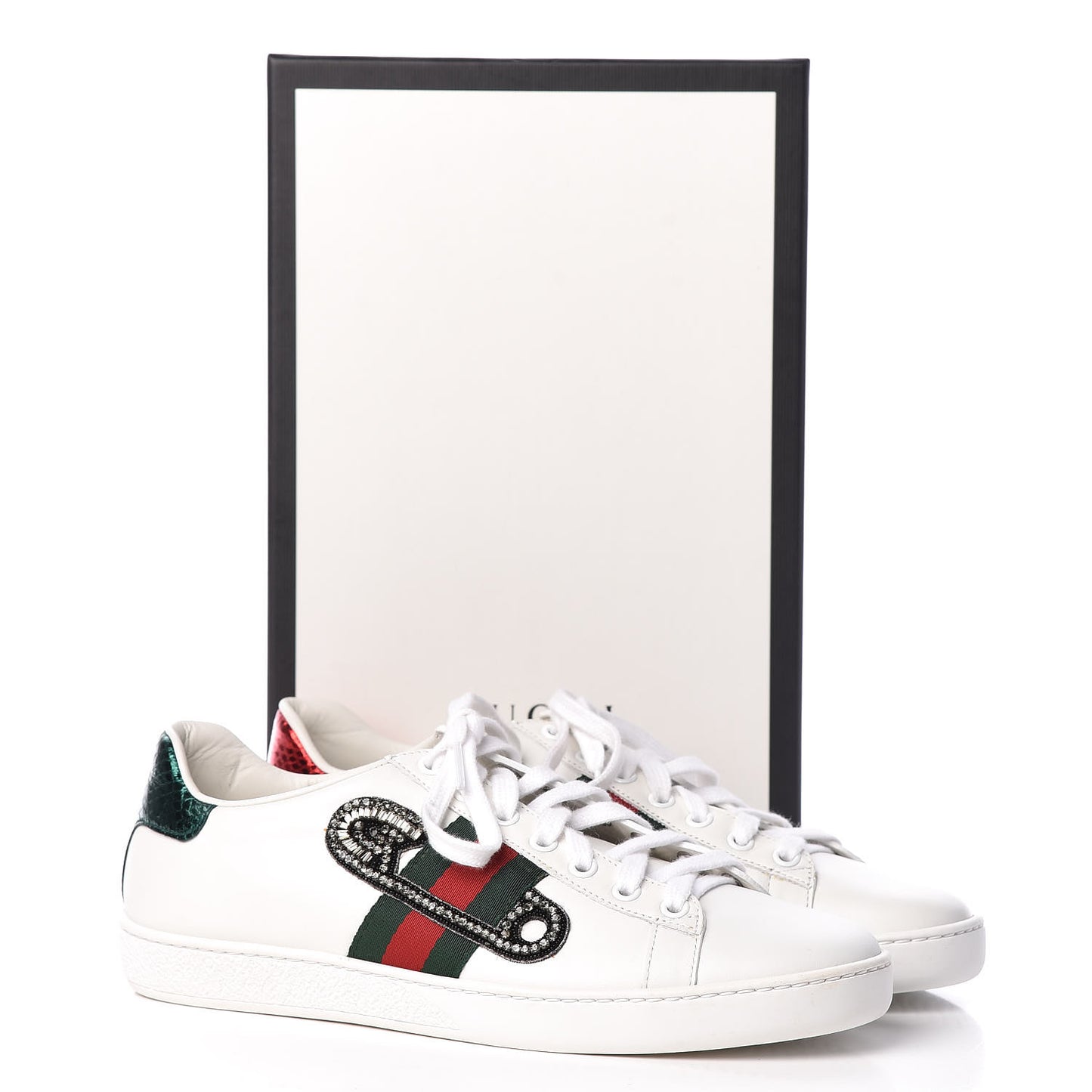 Calfskin Web Studded Low Pin Womens New Ace Sneakers 39 White