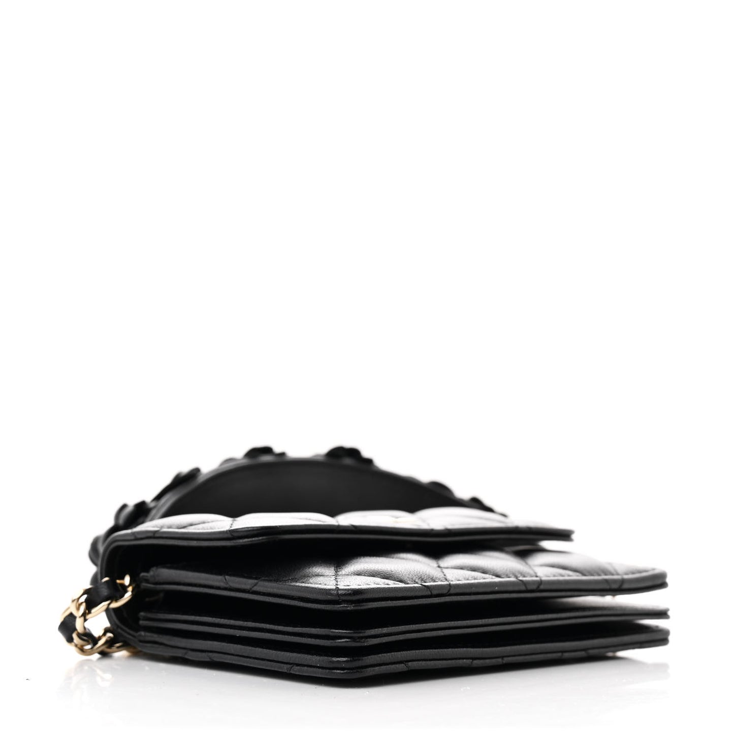 Lambskin Quilted Camellia Card Holder On Chain Black