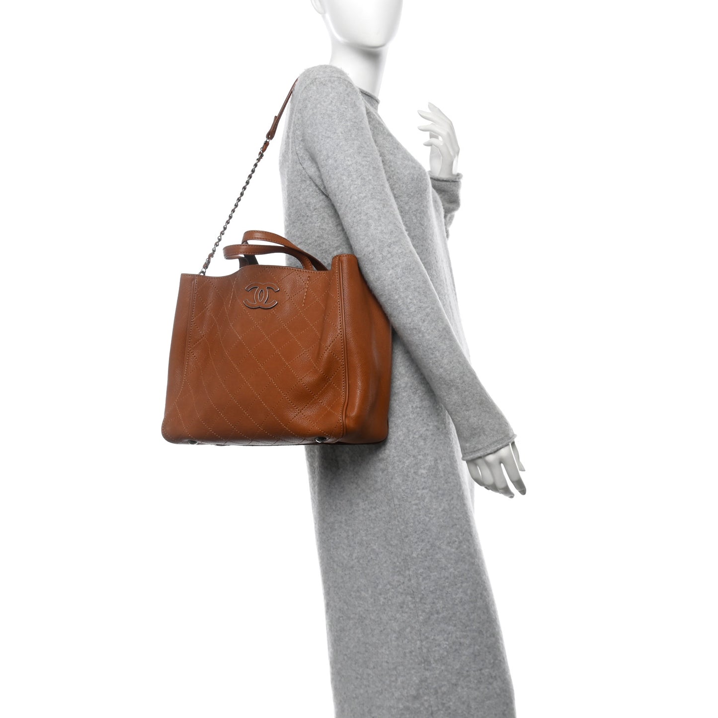 Grained Vegetal Calfskin Covered CC Shopper Tote Brown