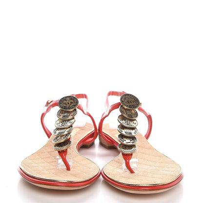Chanel Lambskin Coin Thong Sandals 37 Red 2 of 9