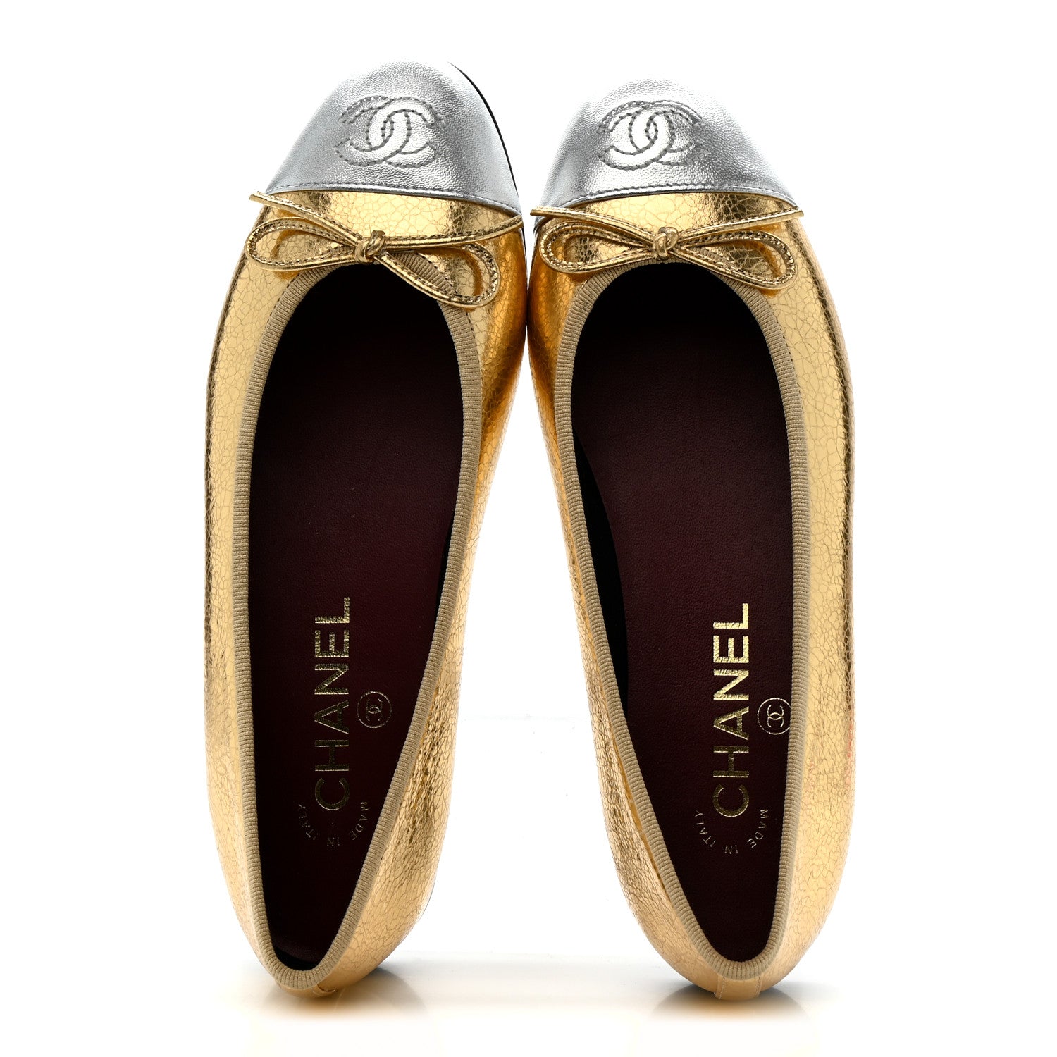 Chanel Crackled Laminated Calfskin CC Cap Toe Ballerina Flats 36.5