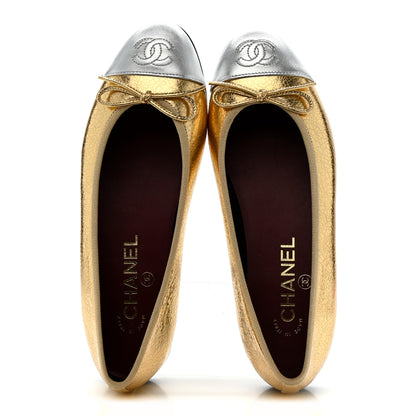 Chanel Crackled Laminated Calfskin CC Cap Toe Ballerina Flats 36.5 Gold Silver 2 of 10