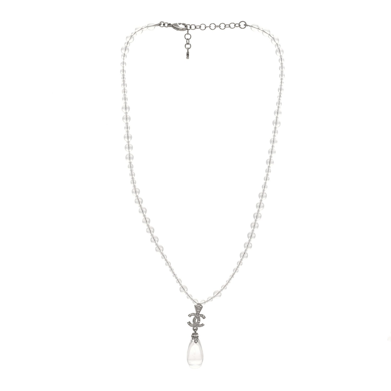 Chanel Crystal Bead CC Drop Necklace Silver 3 of 5
