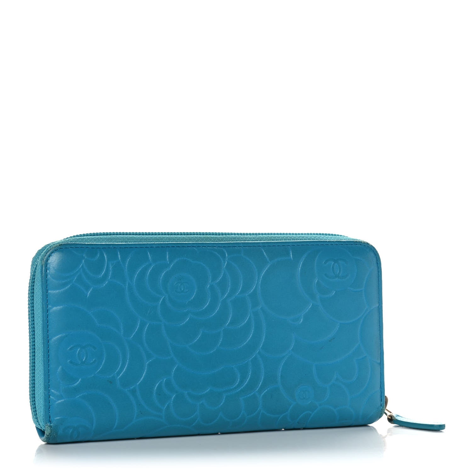 Chanel Lambskin Camellia Embossed Large Gusset Zip Around Wallet Blue 3 of 15
