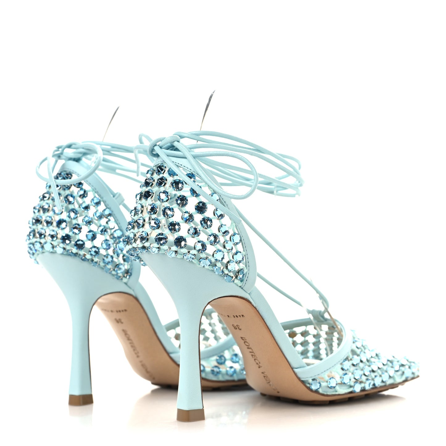 Mesh Nappa Crystal Embellished Sparkle Stretch Ankle Tie 90mm Sandals 36 Pool