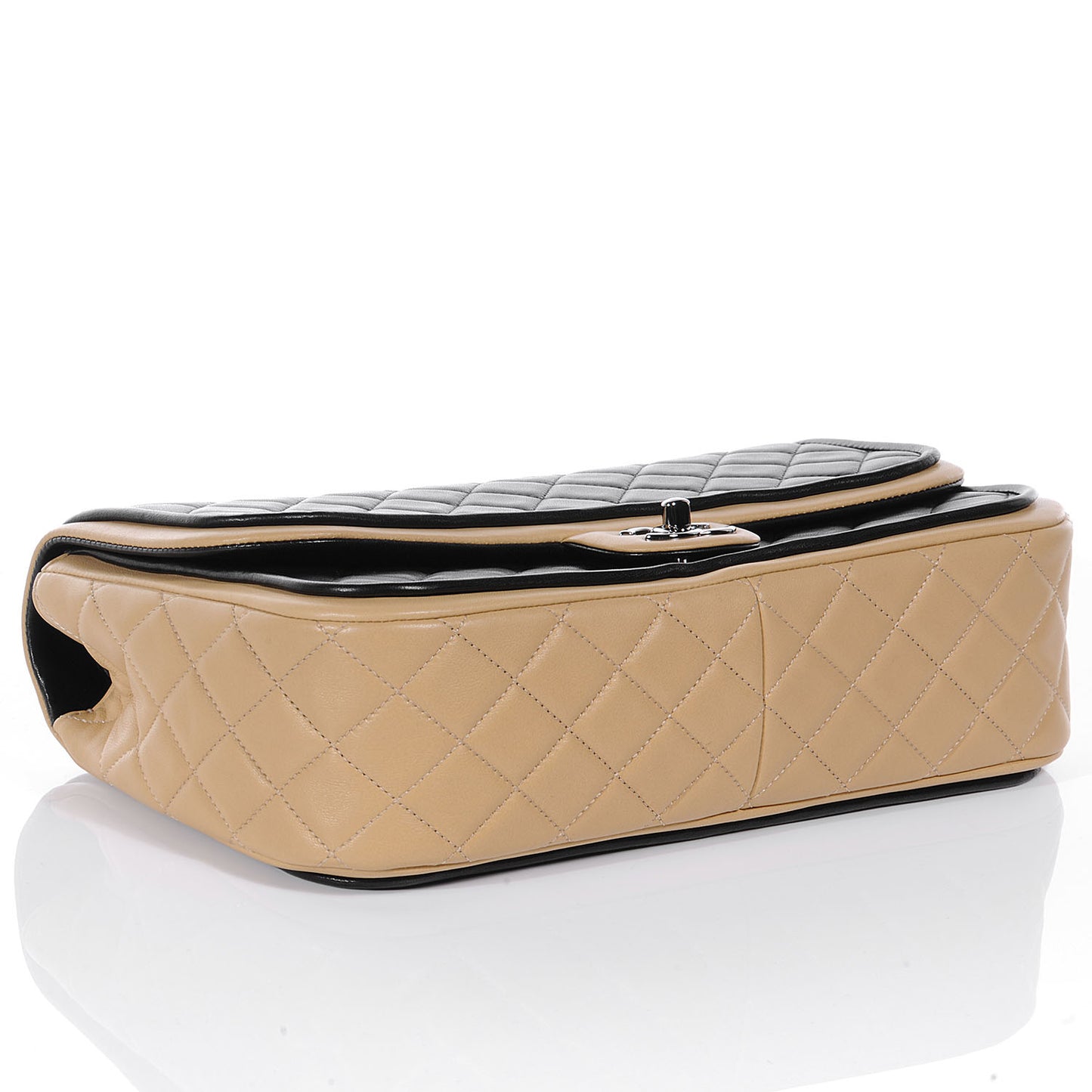 Lambskin Quilted Jumbo Classic Twist Flap Bag Black Beige