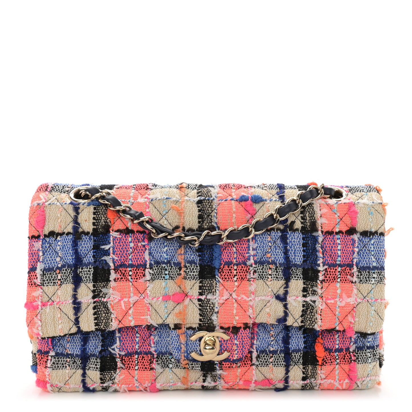 Tweed Quilted Medium Double Flap Blue Orange Yellow
