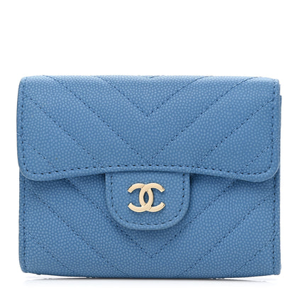 Chanel Caviar Flat Chevron Quilted Flap Card Holder Wallet Light Blue 1 of 9
