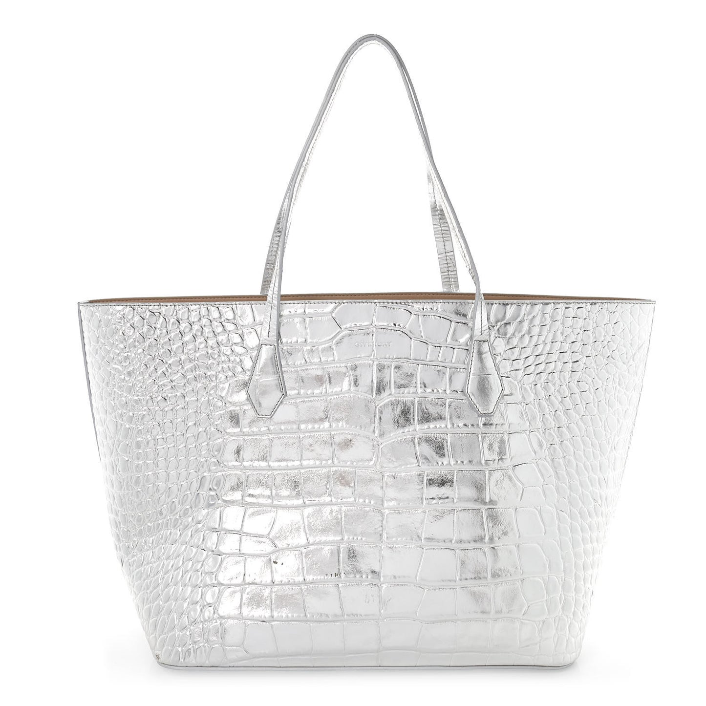 Metallic Calfskin Crocodile Embossed Wing Tote Silver