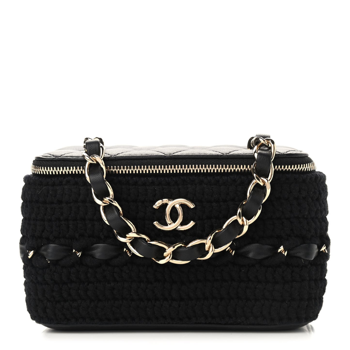 Lambskin Crochet Quilted Small Vanity Case With Chain Black