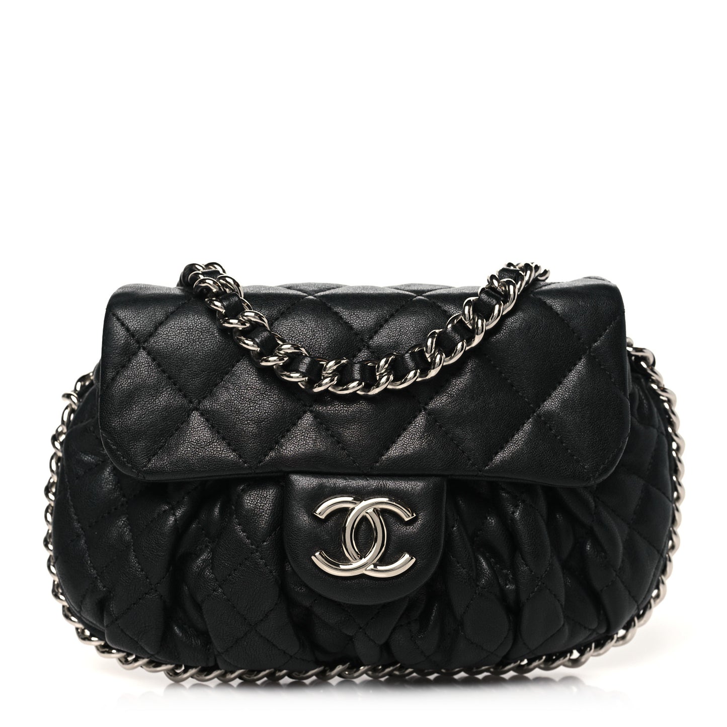 Washed Lambskin Quilted Mini Chain Around Flap Black