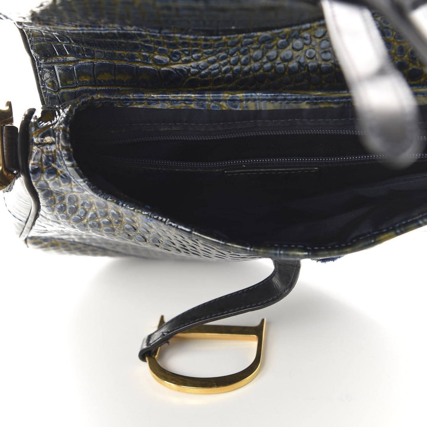 Patent Crocodile Embossed Calfskin Saddle Bag Blue