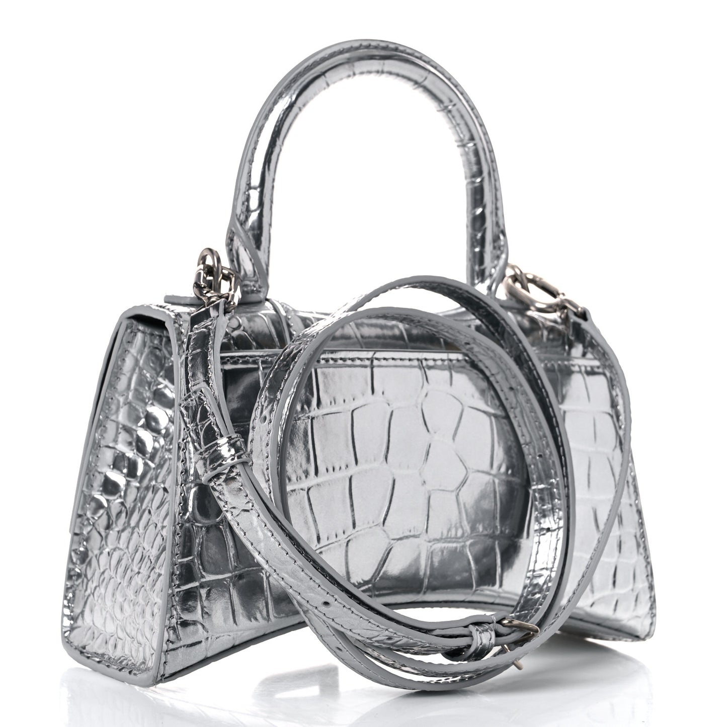 Metallic Calfskin Crocodile Embossed Hourglass Top Handle Bag XS Silver