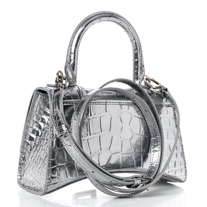 Balenciaga Metallic Calfskin Crocodile Embossed Hourglass Top Handle Bag XS Silver 3 of 15