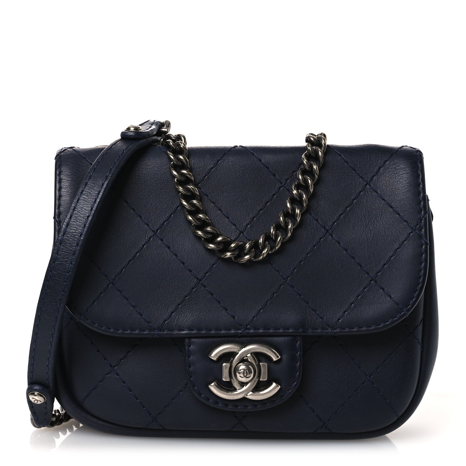 Chanel Calfskin Stitch CC Small Flap Navy Blue 1 of 11
