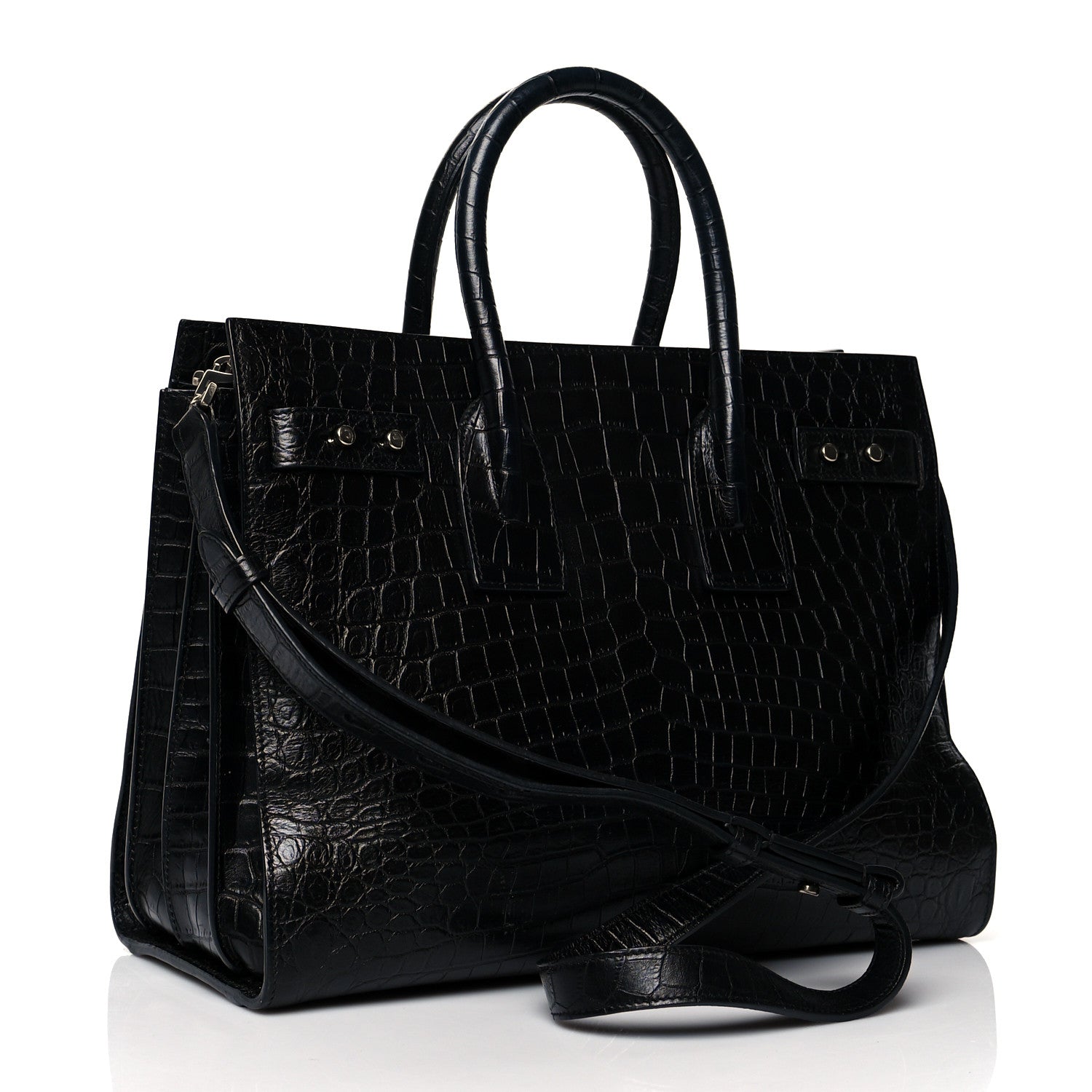 Saint Laurent Calfskin Crocodile Embossed Small Supple Sac de Jour Black 4 of 13
