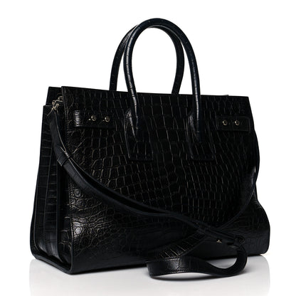 Saint Laurent Calfskin Crocodile Embossed Small Supple Sac de Jour Black 4 of 13