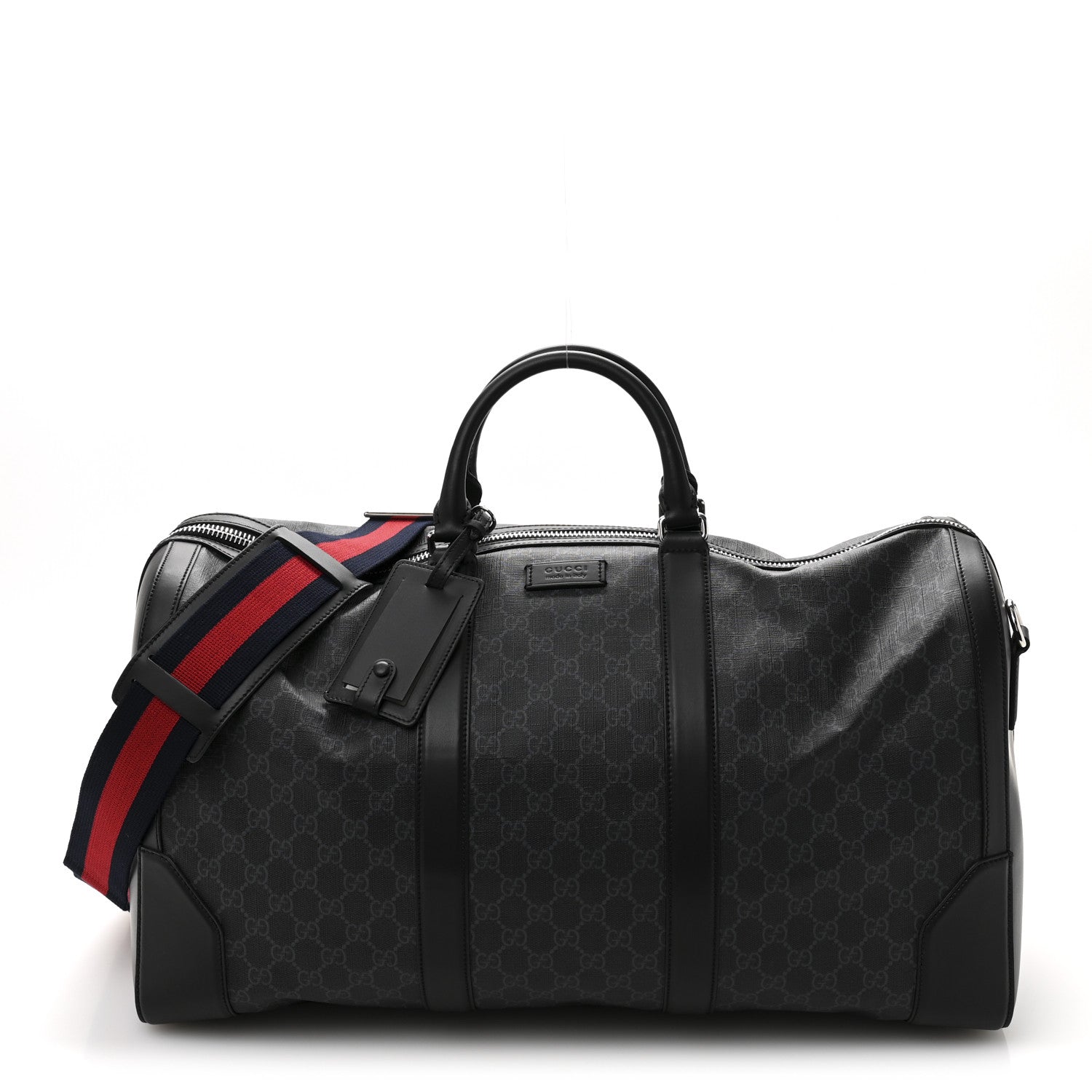 Gucci Soft GG Supreme Monogram Appia Calfskin Web Large Carry On Duffle Bag Black Grey 1 of 12