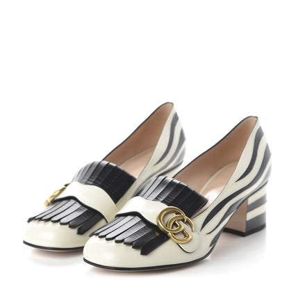 Gucci Malaga Kid Zebra Inlay GG Marmont Fringe Loafer 50mm Pumps 39 Mystic White Black 3 of 8