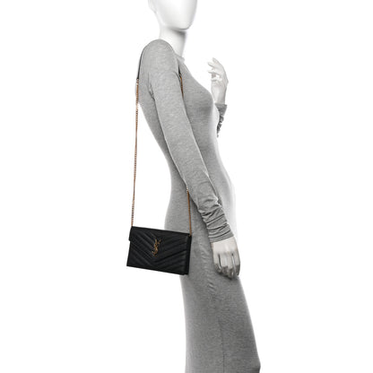 Saint Laurent Grain De Poudre Matelasse Chevron Monogram Envelope Chain Wallet Black 2 of 10