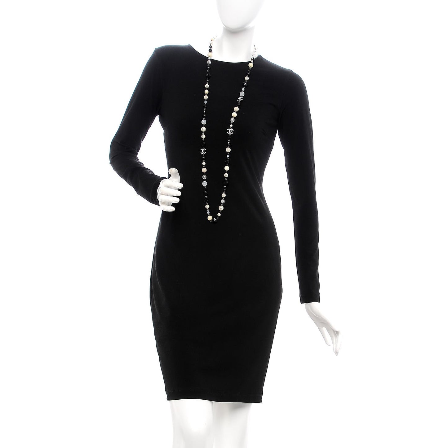 Pearl Crystal Bead CC Long Necklace Black Silver