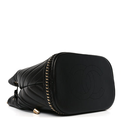 Chanel Sheepskin Chevron Quilted Drawstring Bag Black 4 of 10