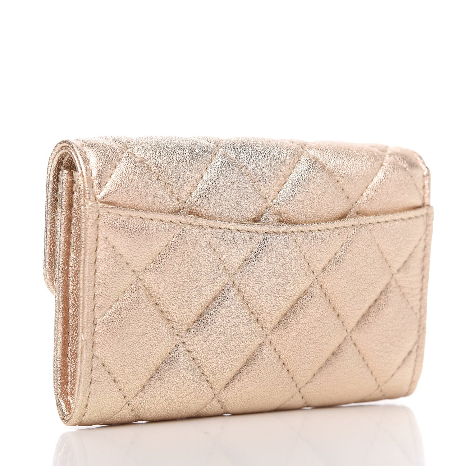 Chanel Metallic Lambskin Quilted Flap Card Holder Wallet Gold 3 of 9