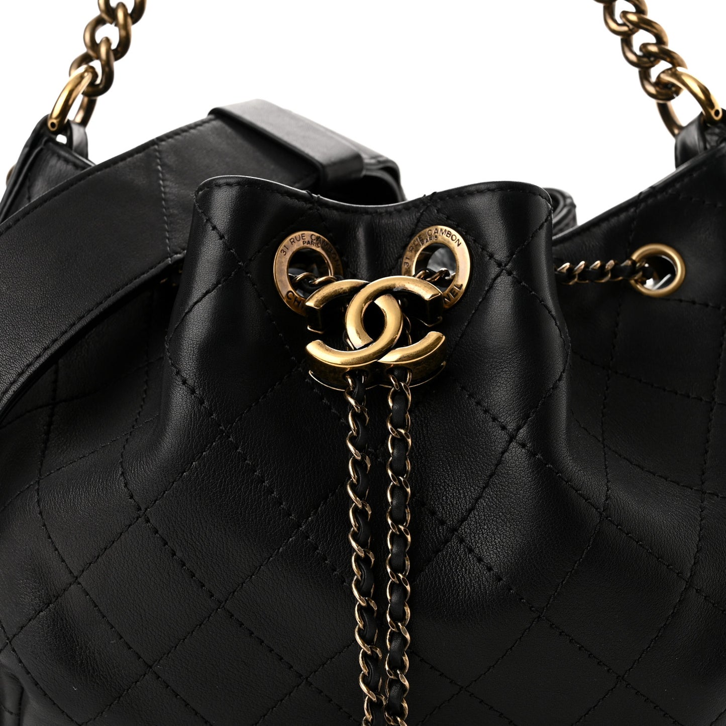 Calfskin Stitched Small Paris Rome Drawstring CC Bag Black