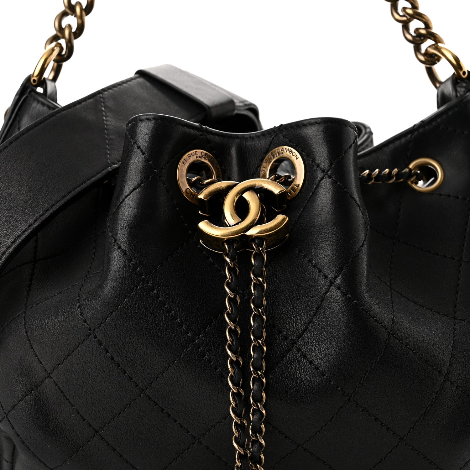 Chanel Calfskin Stitched Small Paris Rome Drawstring CC Bag Black 8 of 11
