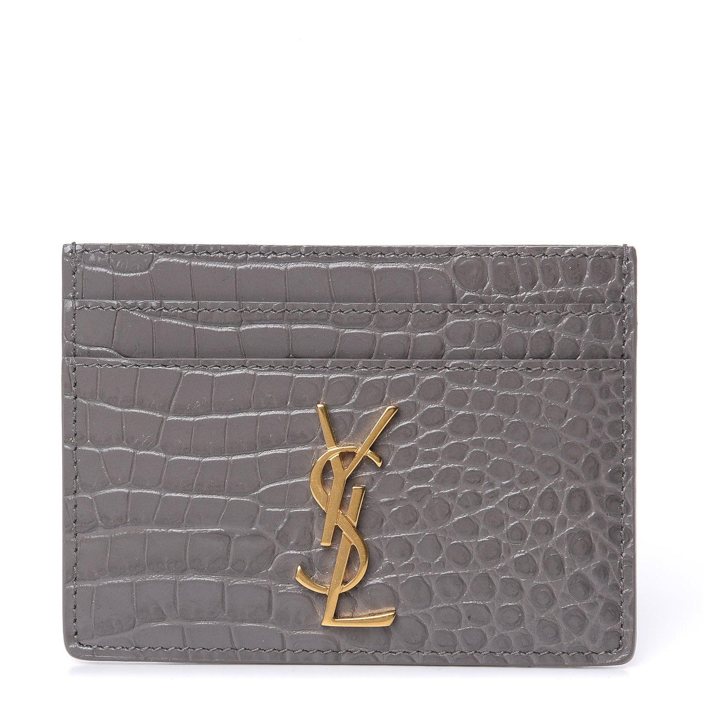 Calfskin Crocodile Embossed Monogram Card Case Fog