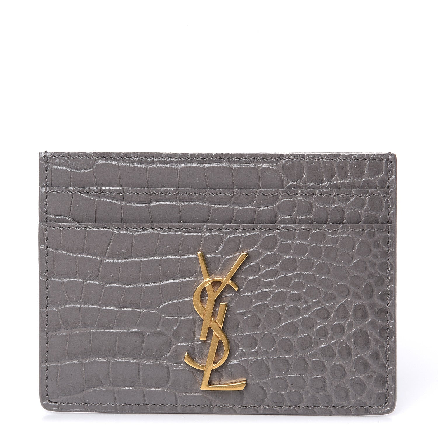 Saint Laurent Calfskin Crocodile Embossed Monogram Card Case Fog 1 of 6