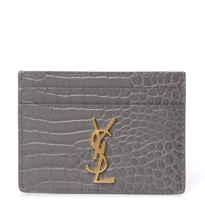 Saint Laurent Calfskin Crocodile Embossed Monogram Card Case Fog 1 of 6