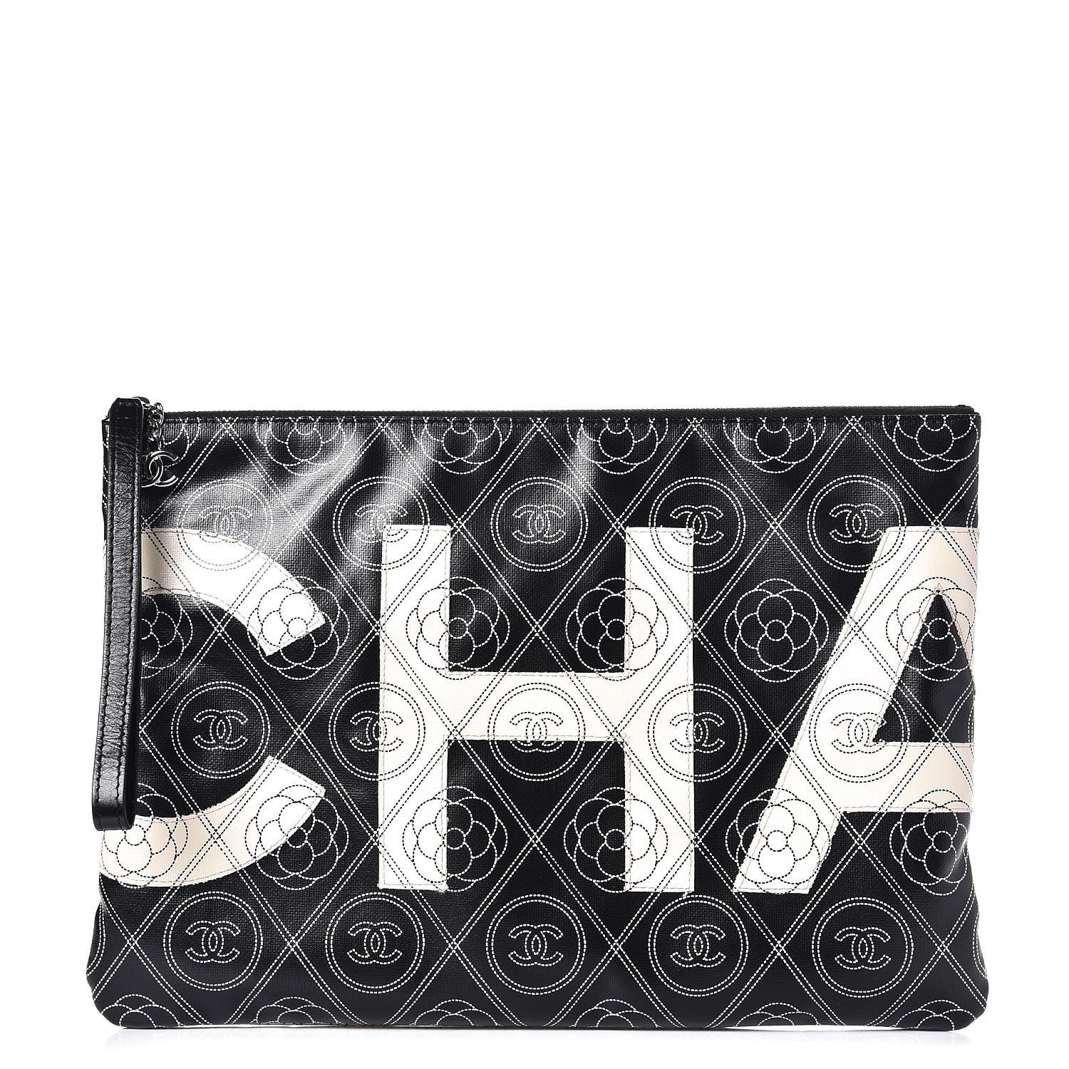 Chanel Coated Canvas Calfskin Camellia Printed Pouch Black Beige 1 of 9