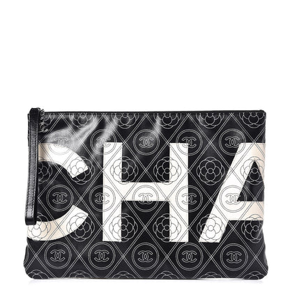 Chanel Coated Canvas Calfskin Camellia Printed Pouch Black Beige 1 of 9