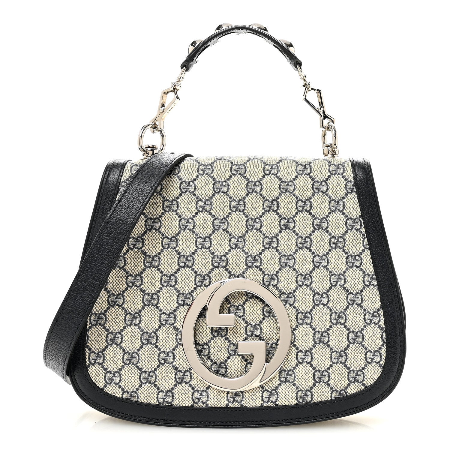 Gucci GG Supreme Monogram Textured Dollar Calfskin Web Medium Blondie Top Handle Shoulder Flap Bag Beige Blue 1 of 10