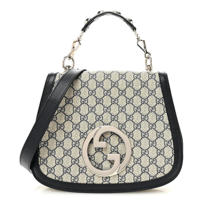 Gucci GG Supreme Monogram Textured Dollar Calfskin Web Medium Blondie Top Handle Shoulder Flap Bag Beige Blue 1 of 10