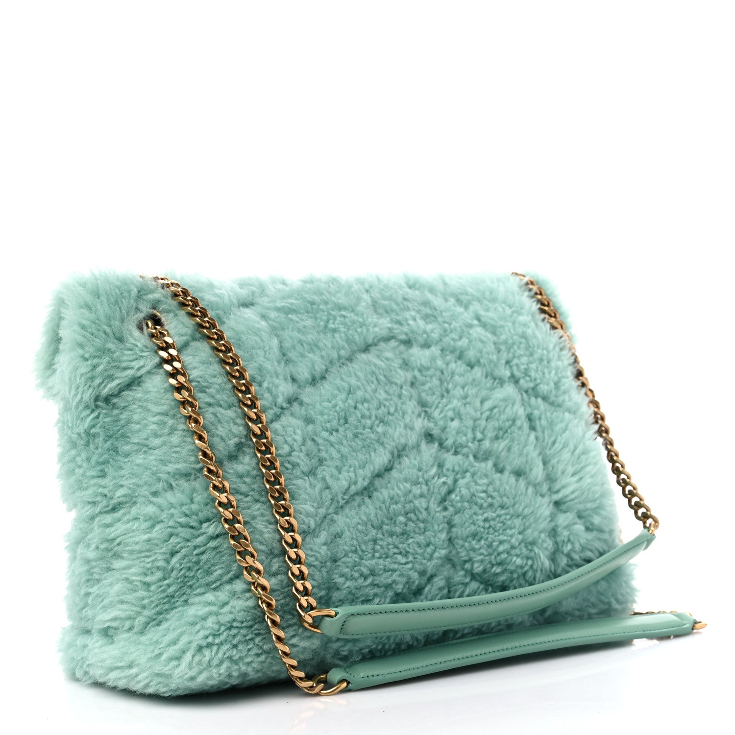 Saint Laurent Merino Shearling Lambskin Quilted Small Loulou Puffer Monogram Chain Satchel Iced Mint 3 of 9